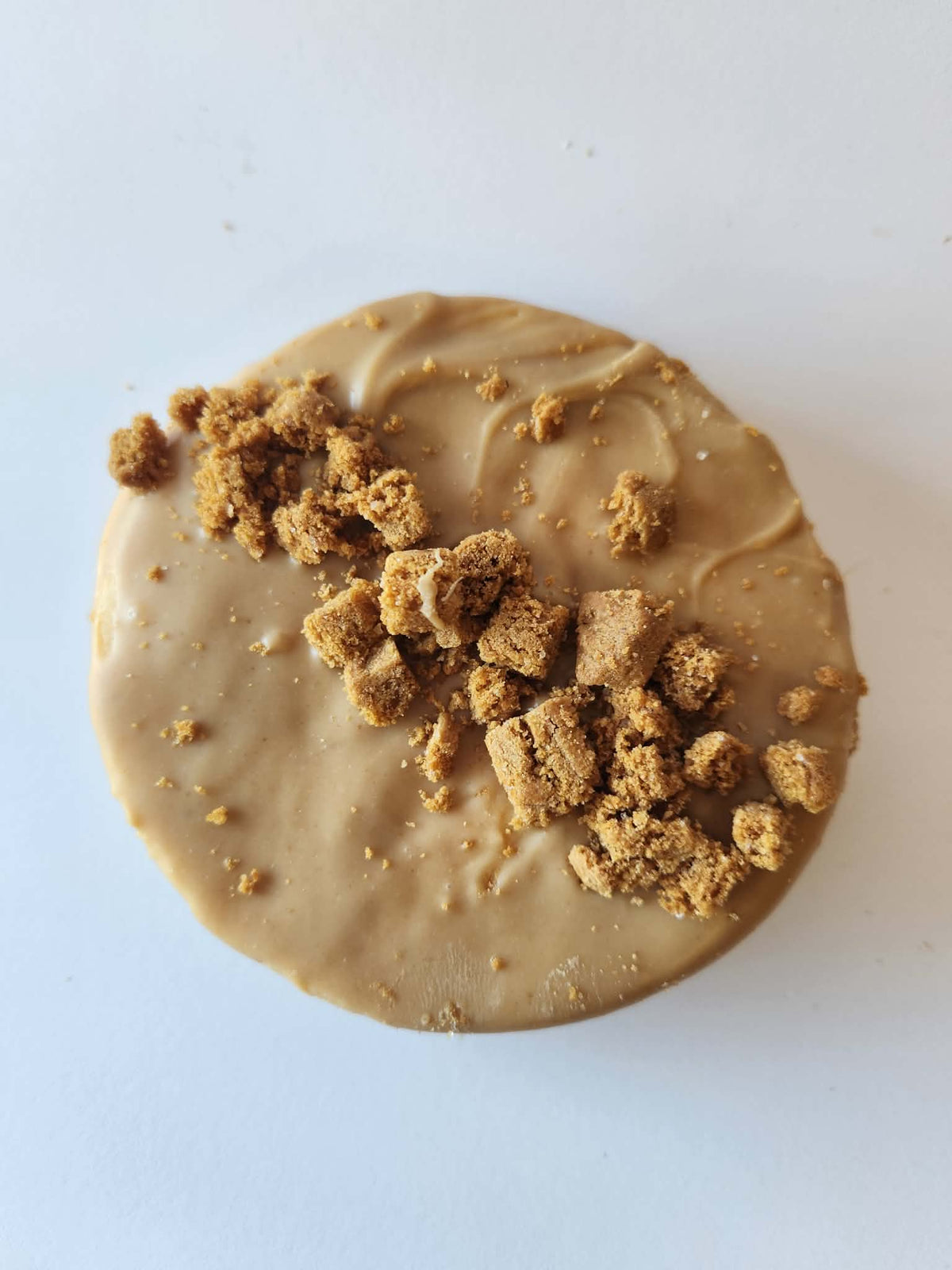 Kai's Sweet Co Biscoff Roundabout top down view, Biscoff caramel chocolate coated with Biscoff cookie crumble topping, handmade sweet treat