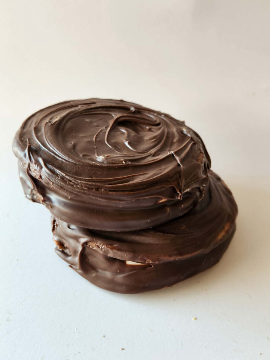 Kai's Sweet Co Raspberry Jam Roundabout two stacked, milk chocolate coated with chocolate swirl top, handmade sweet treat