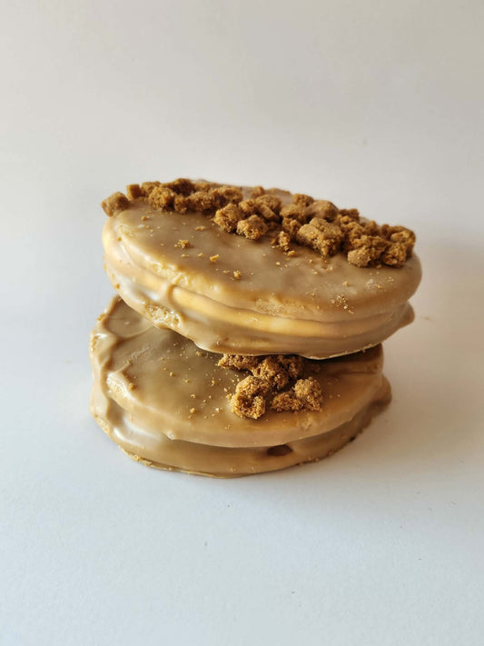 Kai's Sweet Co Biscoff Roundabout two stacked, Biscoff caramel chocolate coated with Biscoff cookie crumble topping